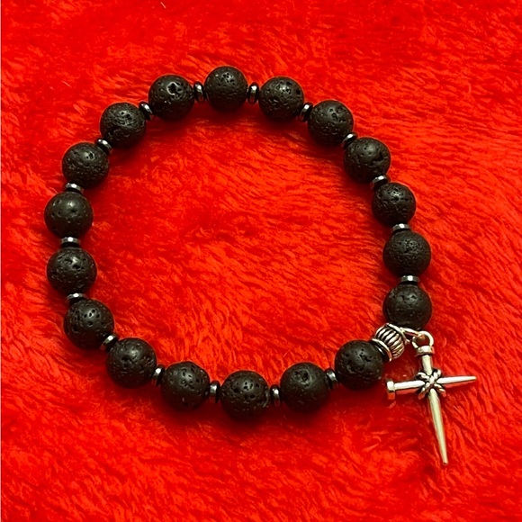Men’s Lava Stone Nails of Jesus Cross Bracelet - Picture 1 of 1